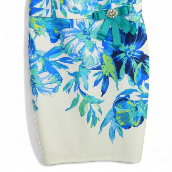 Joseph Ribkoff Holiday Party Designer Sheath Dress White and Blue Tropical - Picture 8 of 16